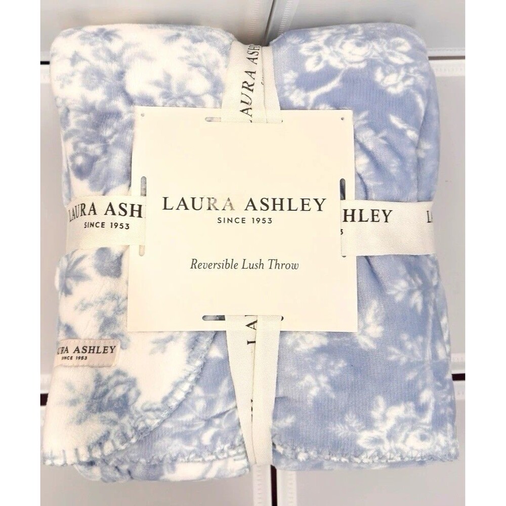 Laura Ashley Reversible Lush Throw Blanket 50x70 Blue Floral Toile Plush NWT